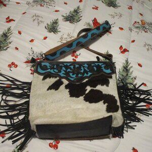 Black and Turquoise Tooled Leather and Cowhide Bag